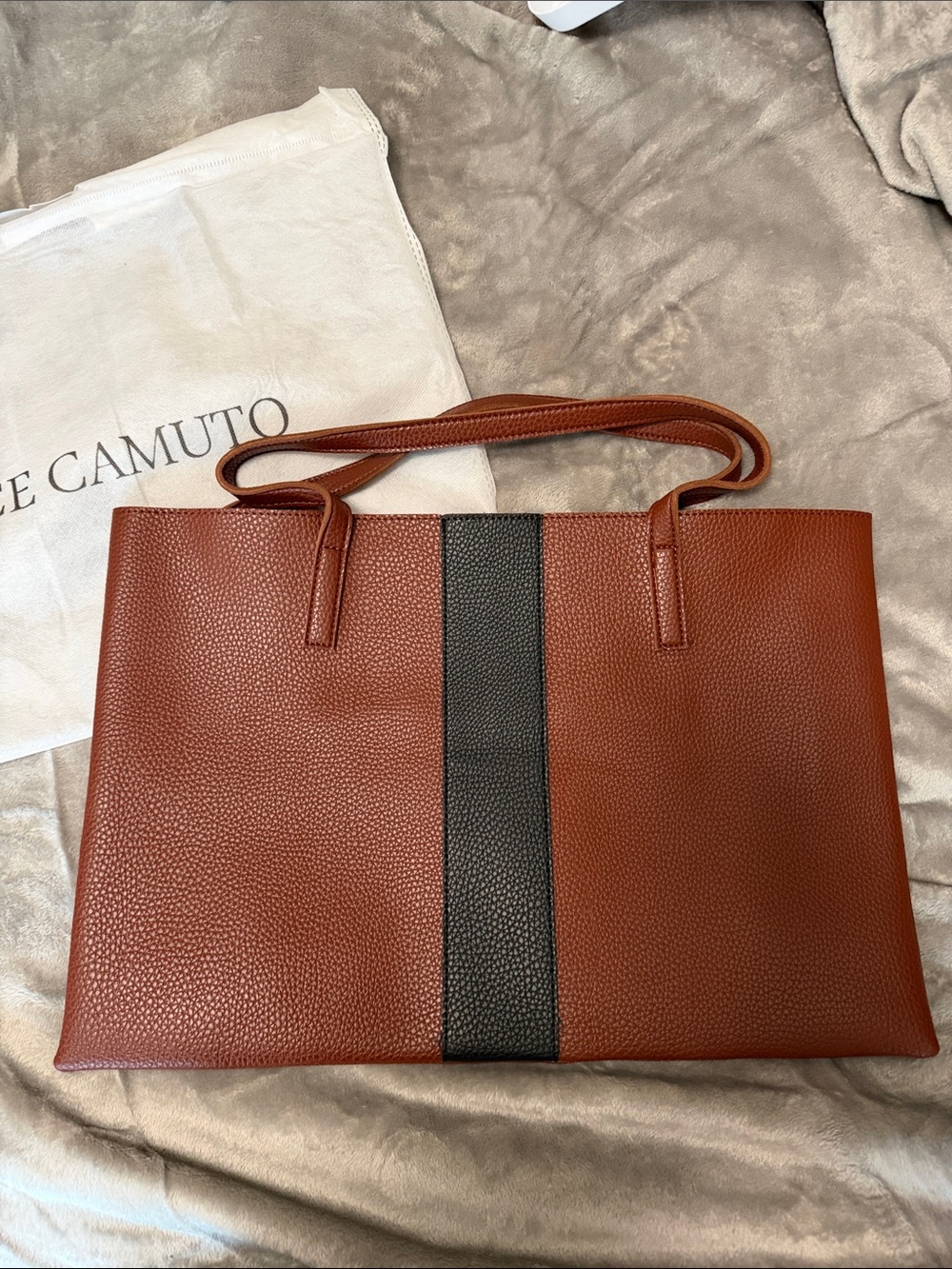 Vince Camuto Rust Brown Tote with Black Center Stripe Vegan leather